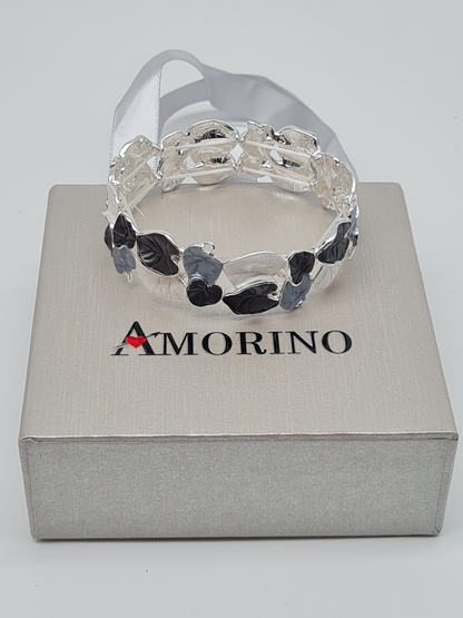 Amorino Armband, elastisch Tropenblätter in Lila-Braun und Grün-Töne Schwarz Silberfarben