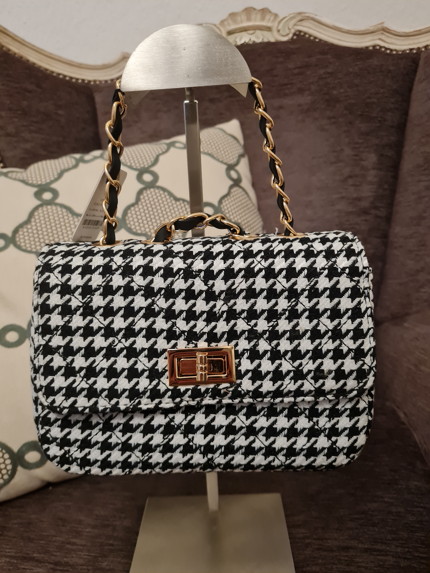 Yehwang Karierte Tasche mit Metallriemen und Verschluss Schwarz & Weiß Polyester Pied de poulle