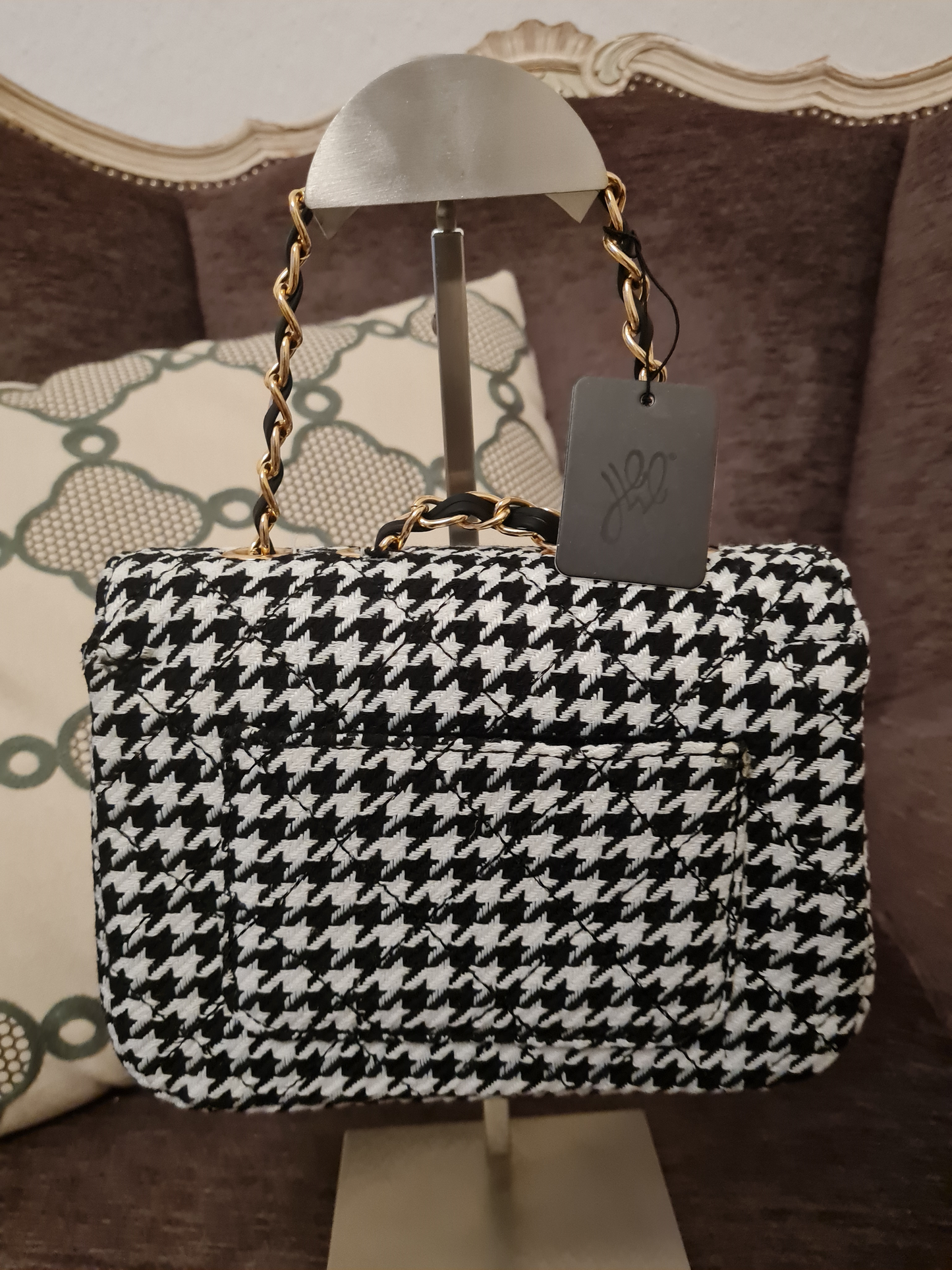 Yehwang Karierte Tasche mit Metallriemen und Verschluss Schwarz & Weiß Polyester Pied de poulle