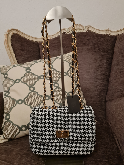 Yehwang Karierte Tasche mit Metallriemen und Verschluss Schwarz & Weiß Polyester Pied de poulle