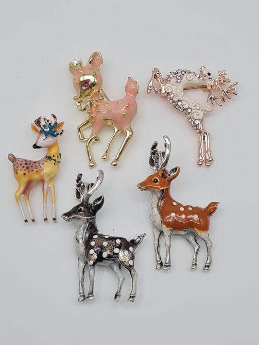 Brosche Reh rentier hirsch wald tiere anstecknadel jagd märchen braun rosa