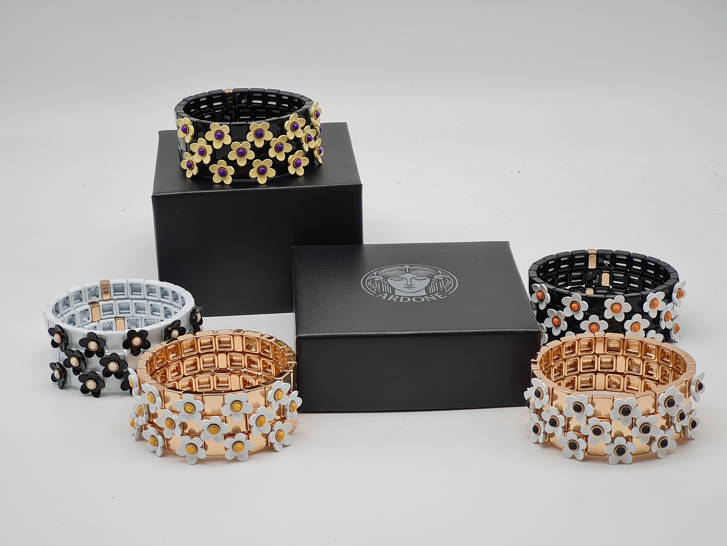 Ardoné Armband Nickelfrei 3er set stretch elastisch schwarz daisy blumen froh glück geschenk