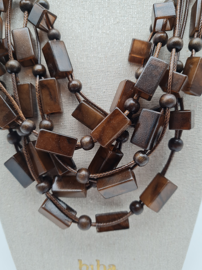 Biba Halskette mehrfach braun metal holz Kunstleder Resin natur nickelfrei