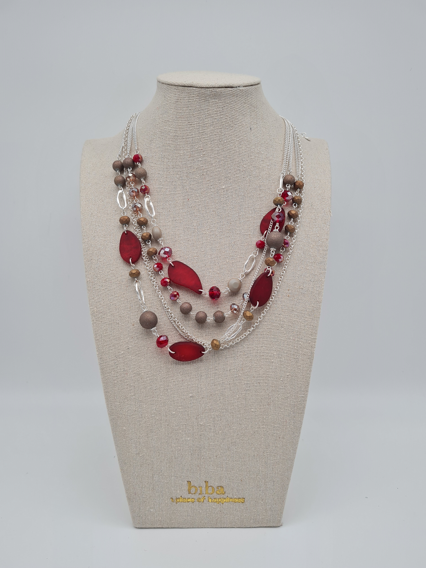 Biba Halskette silberfarben rot burgund bordeaux kurzkette nickelfrei fest mehrfachkette