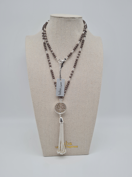 Biba Halskette nickelfrei anhänger lebensbaum matt silber modeschmuck naturtöne