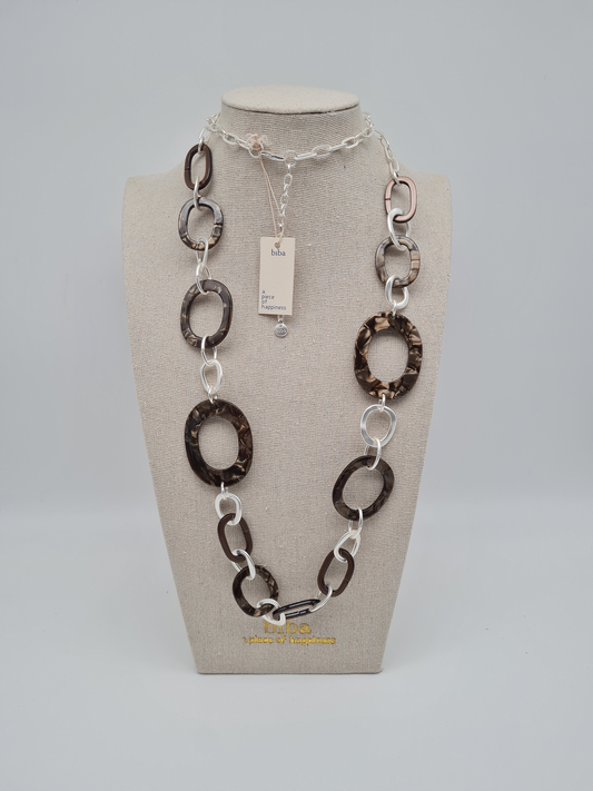 Biba Halskette nickelfrei matt silberfarben braun muster modeschmuck langkette