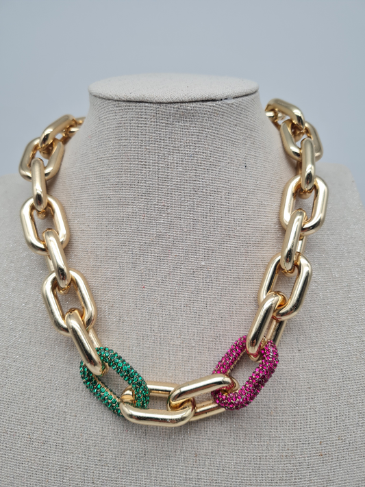 Biba Halskette nickelfrei Gliederkette Goldfarben Glans Strass Grün Pink Modeschmuck