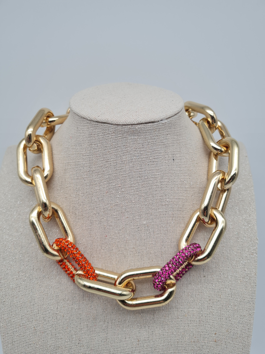 Biba Halskette nickelfrei Gliederkette Goldfarben Glans Strass Rosa Orange Modeschmuck