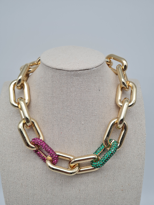 Biba Halskette nickelfrei Gliederkette Goldfarben Glans Strass Pink Grün Modeschmuck