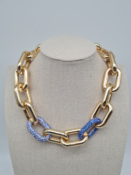 Biba Halskette nickelfrei Gliederkette Goldfarben Glans Strass Blau Lavender Modeschmuck