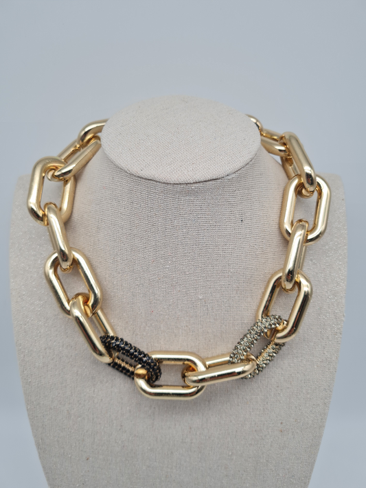 Biba Halskette nickelfrei Gliederkette Goldfarben Glans Strass Schwarz Modeschmuck