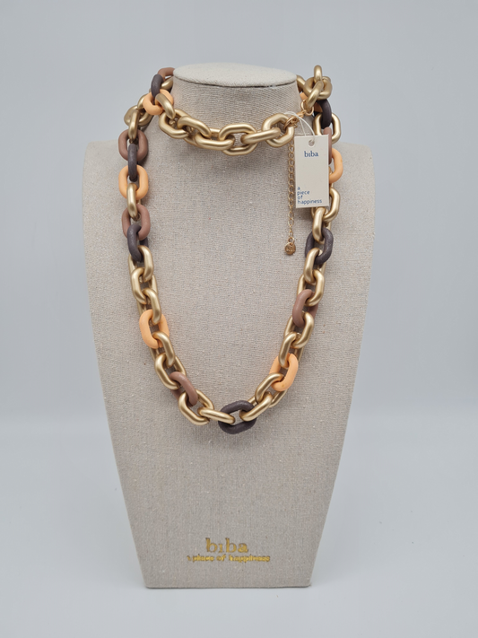 Biba Halskette nickelfrei gliederkette Goldfarben Matt Aprikot Braun grau modeschmuck