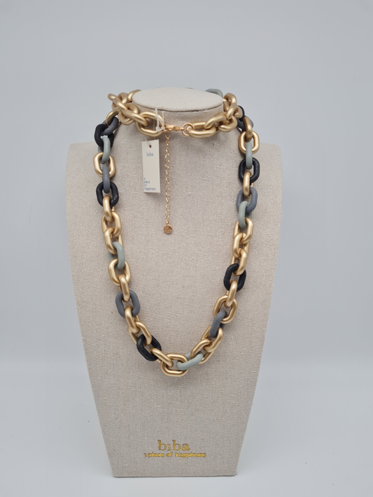 Biba Halskette nickelfrei gliederkette Goldfarben Matt Blau grau modeschmuck