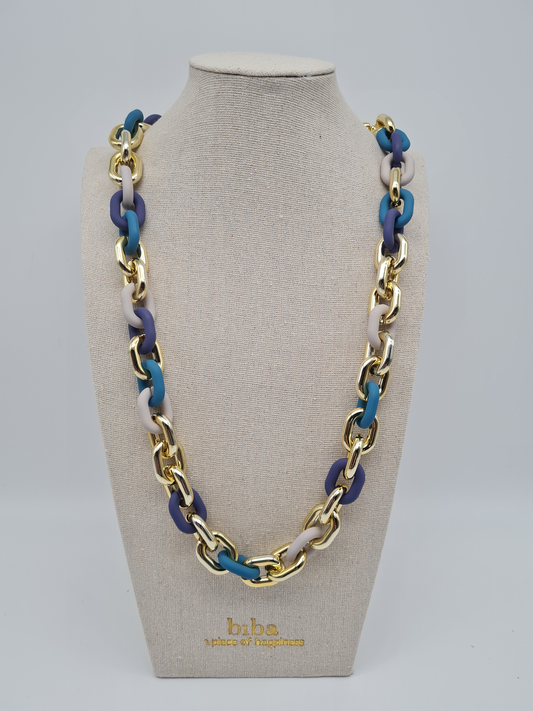 Biba Halskette nickelfrei gliederkette Goldfarben glanz Blau grau modeschmuck