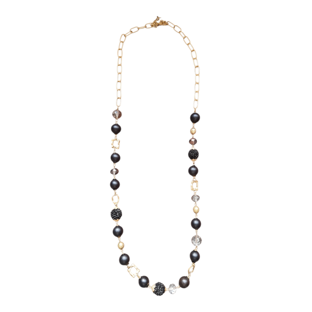 Halskette Langkette Schwarze und Matt-Goldene Elemente Nickelfrei Sweet7