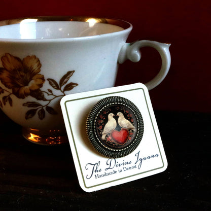 Brosche Anstecknadel Liebesvogel-Tauben Bronze und Glas Valentinstag Brosche