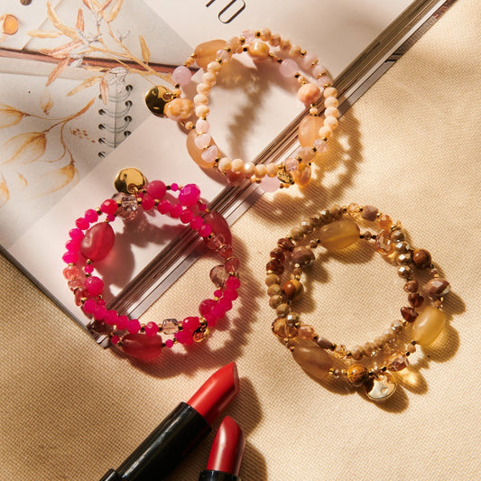 Biba Doppel-Armband mit Crystal und Resin Perlen Orange und Blassrosa