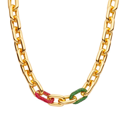 Halskette nickelfrei Gliederkette Goldfarben Glans Strass Grün Pink Modeschmuck Biba