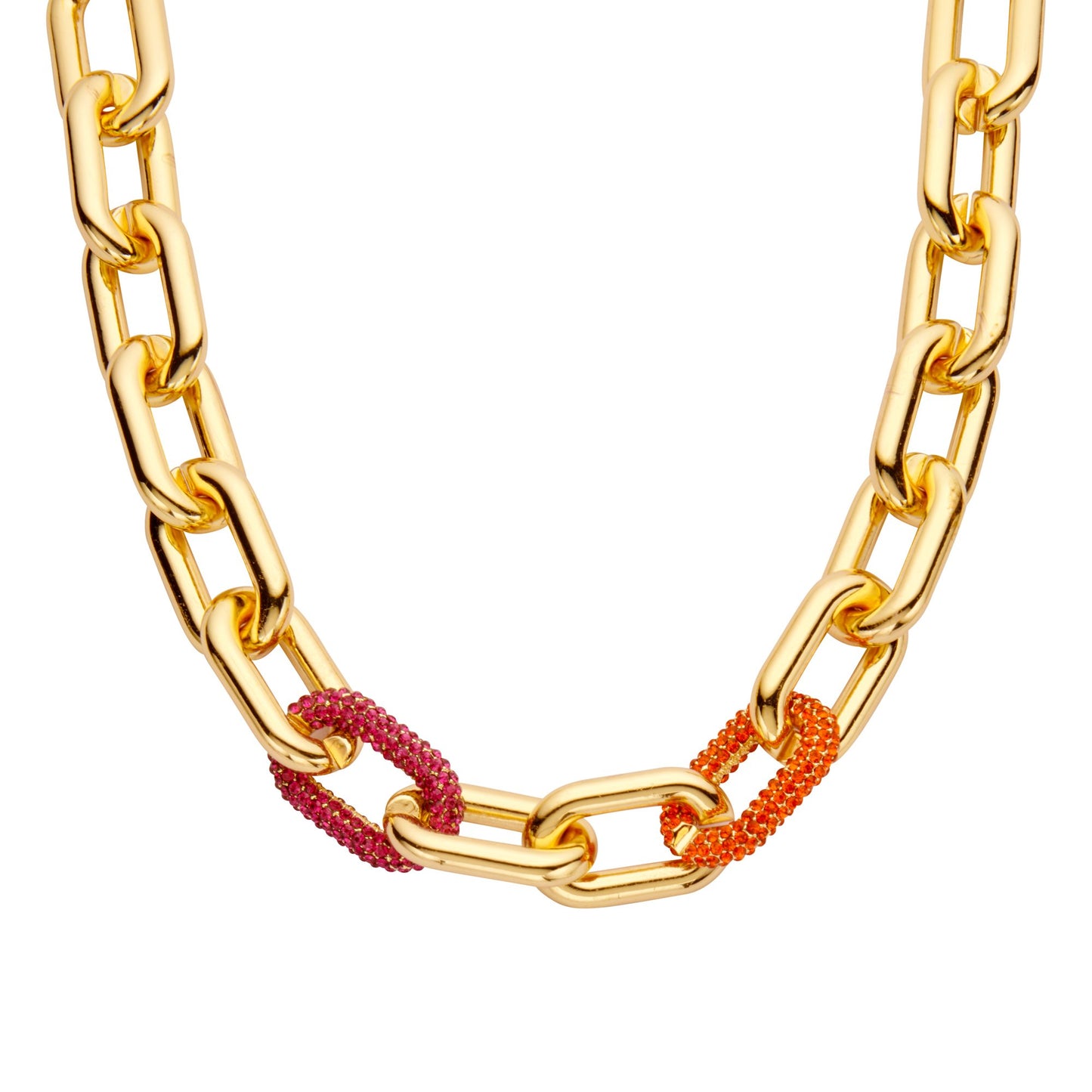 Halskette nickelfrei Gliederkette Goldfarben Glans Strass Rosa Orange Modeschmuck Biba