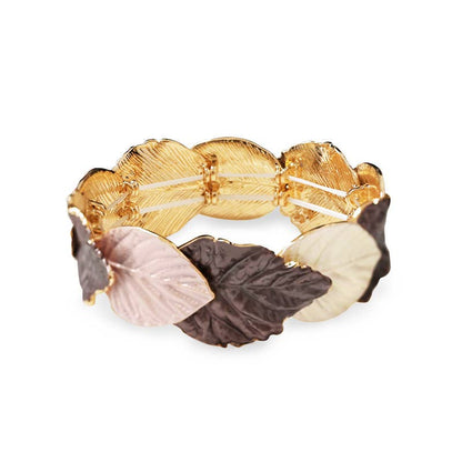 Elastisches Armband mit emaillierten Blättern Braun Rosa Nickelfrei