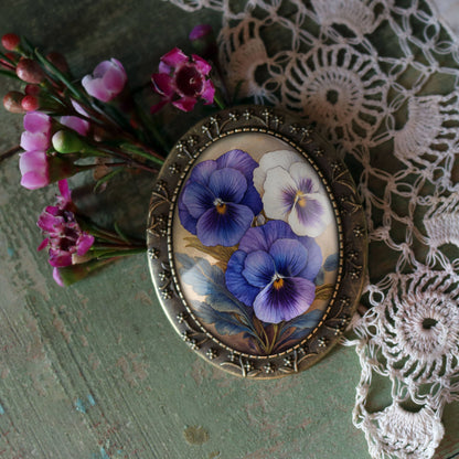 Brosche Lila Stiefmütterchen Frühlingsblumen Glas- und Bronzebrosche Veilchen