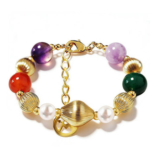 Armband Natursteine Goldfarbene Kralen Lila Orange Grün Nickelfrei Amorino