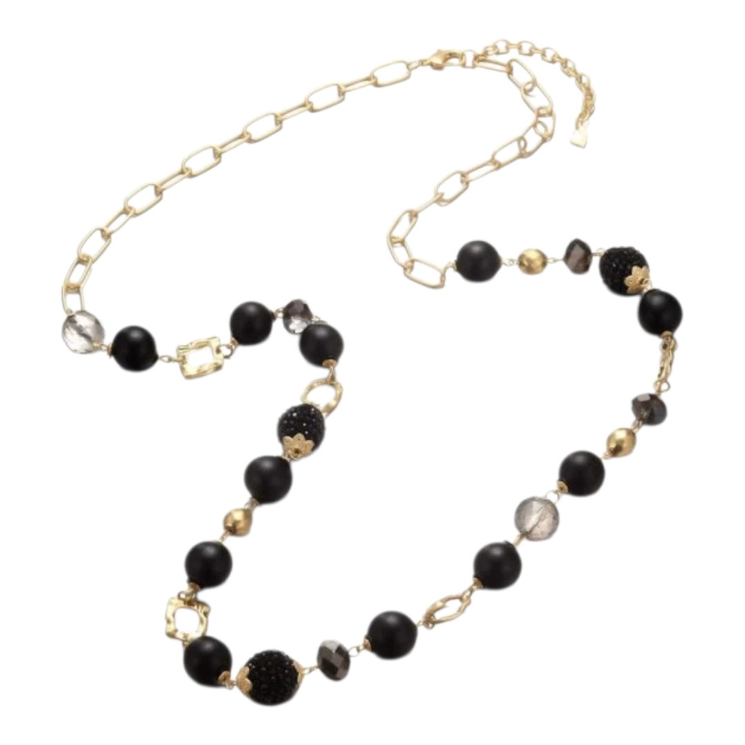 Halskette Langkette Schwarze und Matt-Goldene Elemente Nickelfrei Sweet7