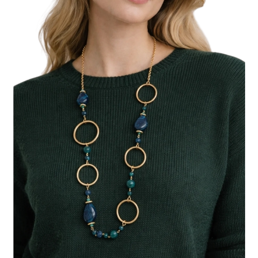 Halskette Langkette Petrol Matt Goldene Elemente Nickelfrei Sweet7