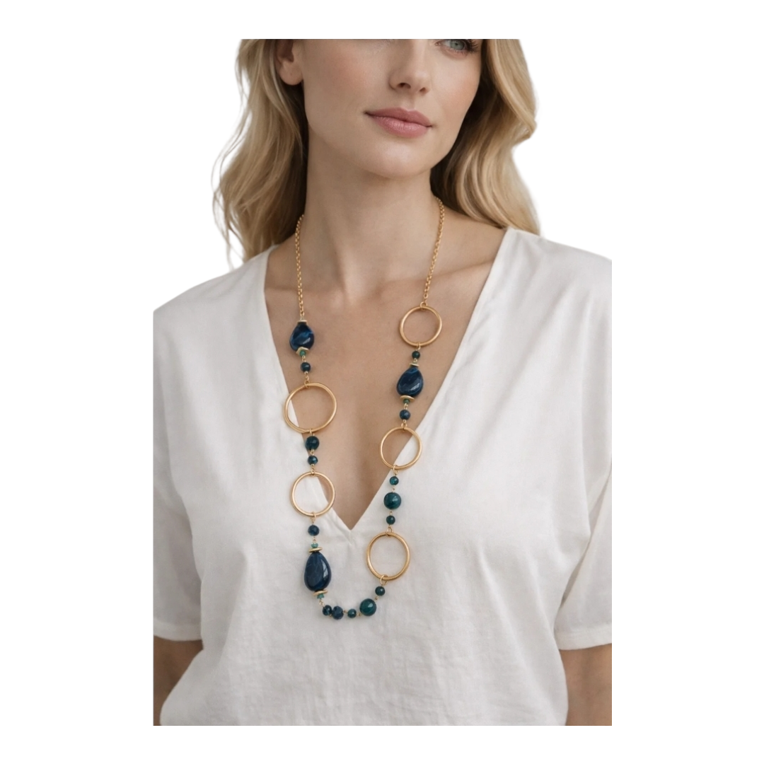 Halskette Langkette Petrol Matt Goldene Elemente Nickelfrei Sweet7