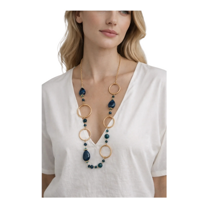 Halskette Langkette Petrol Matt Goldene Elemente Nickelfrei Sweet7