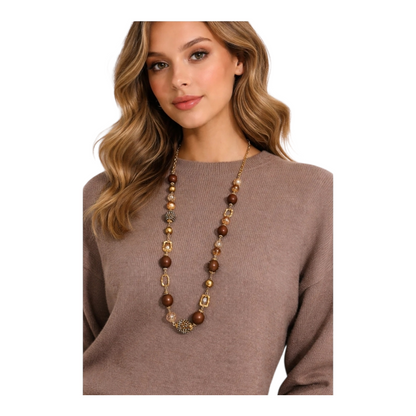 Halskette Langkette Haselnuss-Farbe  Matt-Goldene Elemente Nickelfrei Sweet7