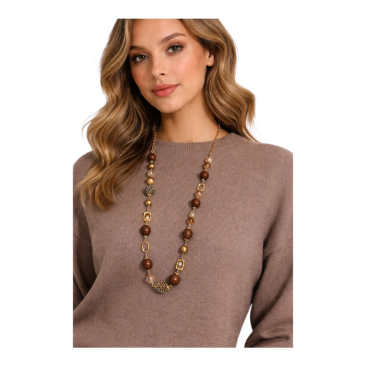 Halskette Langkette Haselnuss-Farbe  Matt-Goldene Elemente Nickelfrei Sweet7