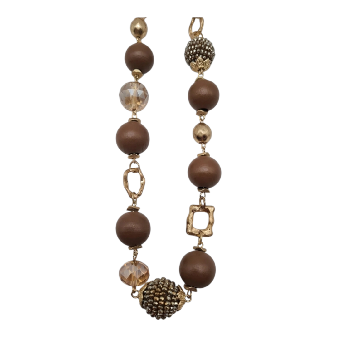 Halskette Langkette Haselnuss-Farbe  Matt-Goldene Elemente Nickelfrei Sweet7