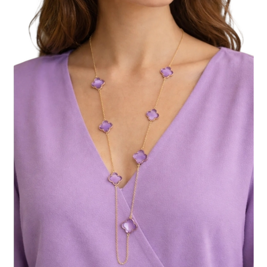 Halskette Langkette feine Kette mit Lila Kleeblätter Nickelfrei Sweet7