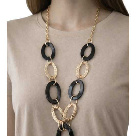 Halskette Langkette große Schwarze Goldene Elemente Nickelfrei Sweet7
