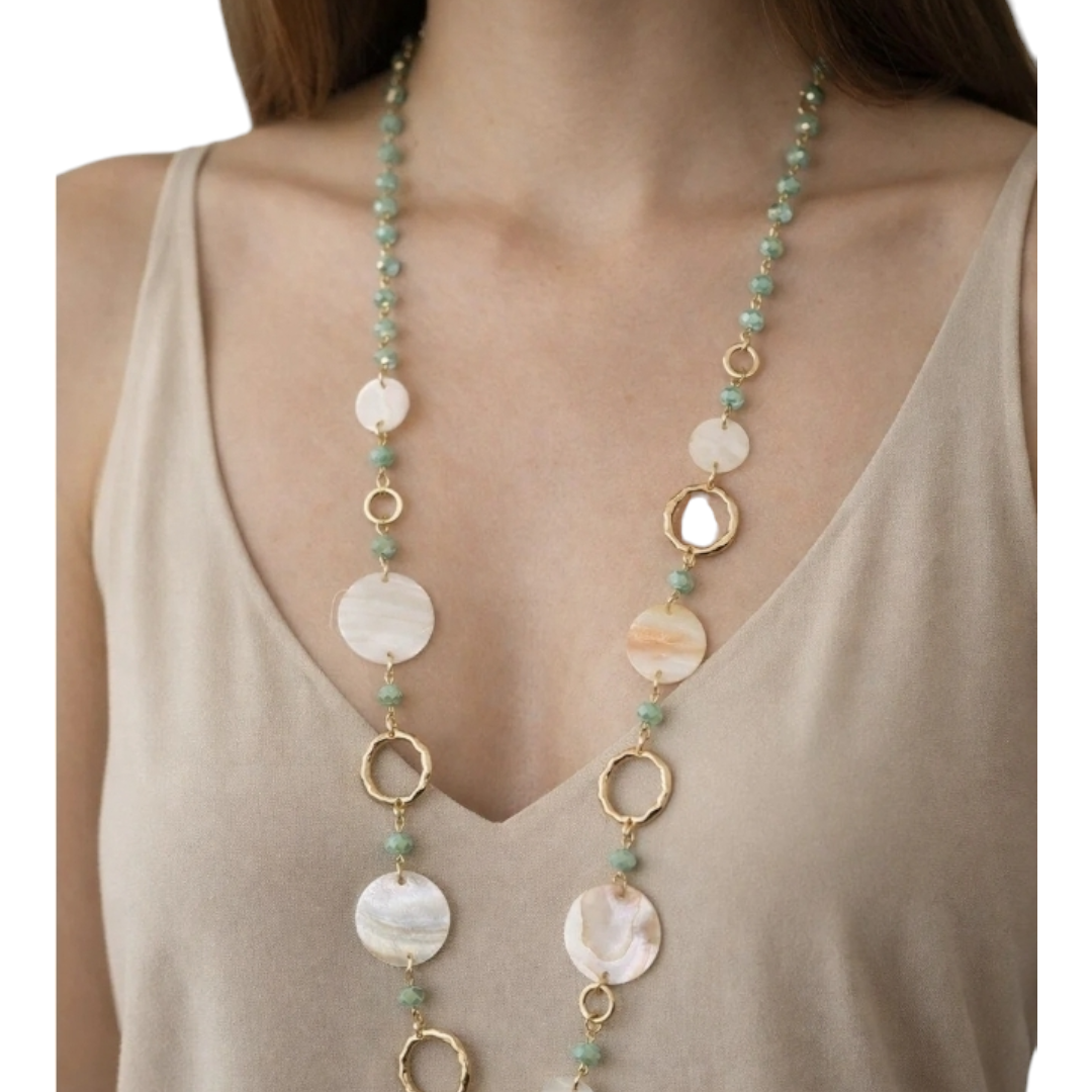 Halskette Langkette Boho-Look Mintgrün mit Muschel-Highlights Nickelfrei Sweet7