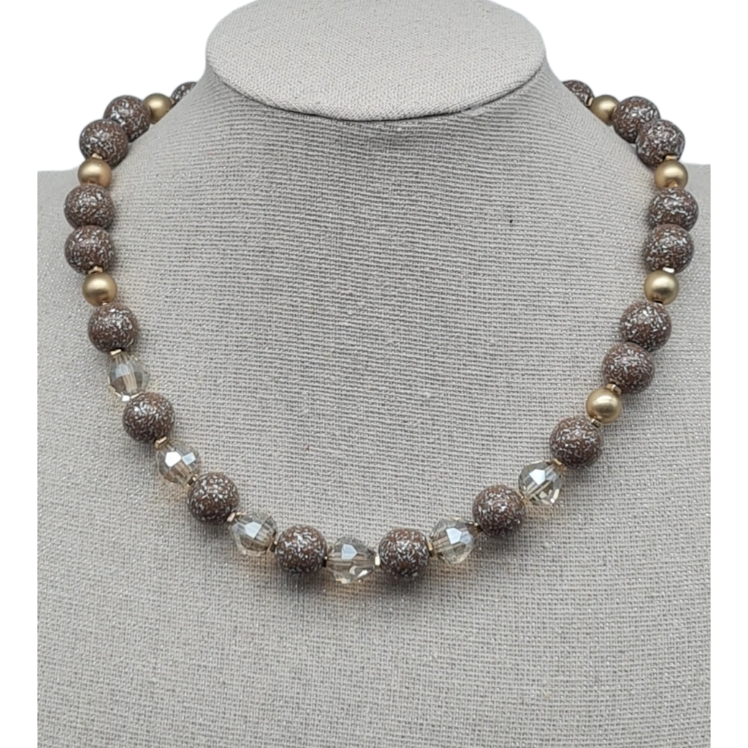 Halskette Kurzkette Taupe perlen mit Silbersprenkel Matt goldene Kralen Sweet7