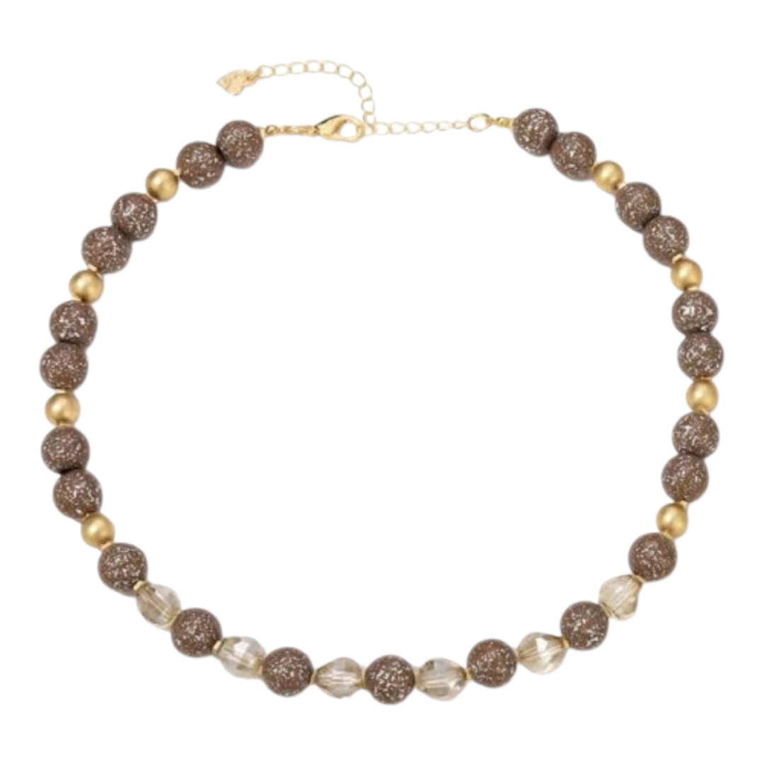Halskette Kurzkette Taupe perlen mit Silbersprenkel Matt goldene Kralen Sweet7