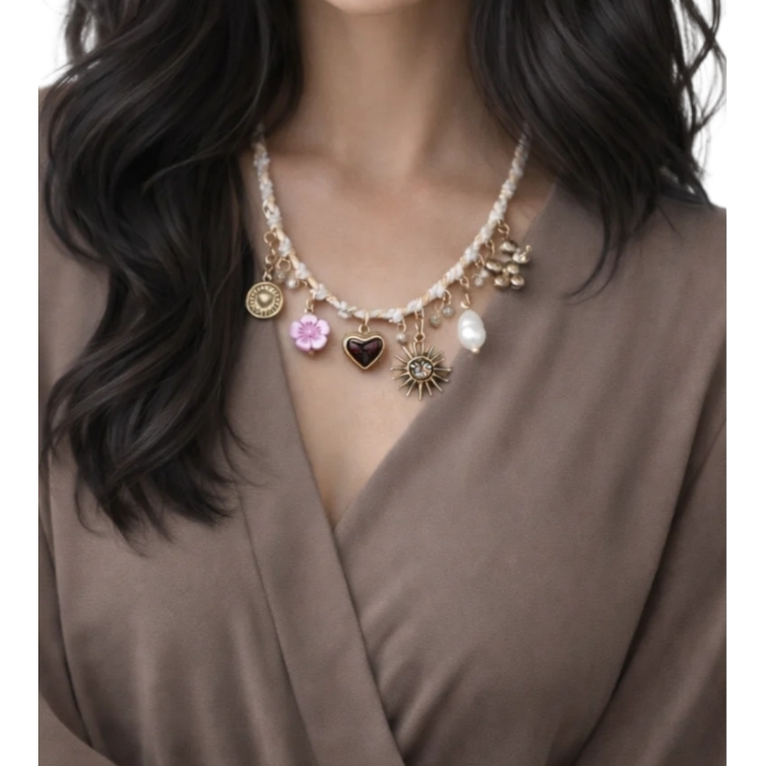 Halskette Kurzkette Textil, mit Süßwasserperle und Murano Glasblume Sweet7