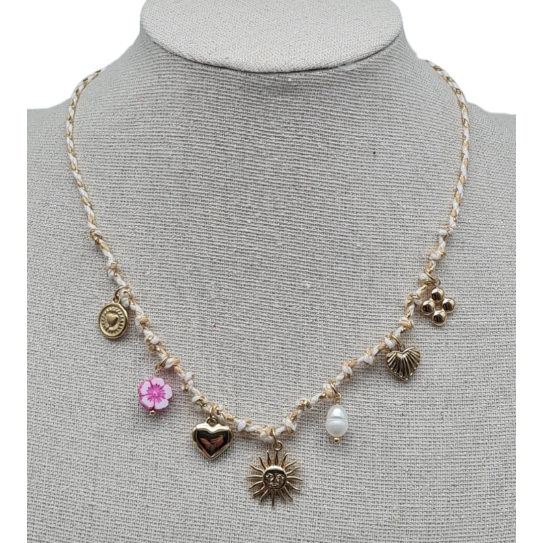 Halskette Kurzkette Textil, mit Süßwasserperle und Murano Glasblume Sweet7