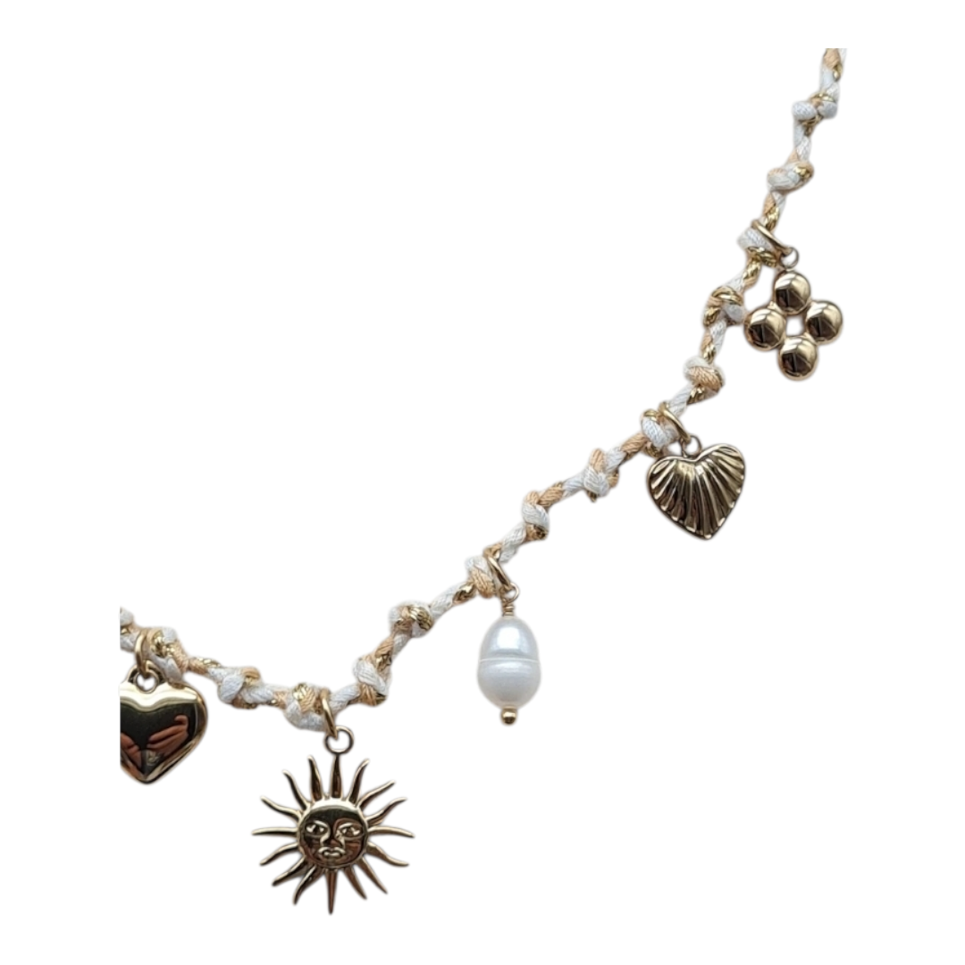 Halskette Kurzkette Textil, mit Süßwasserperle und Murano Glasblume Sweet7