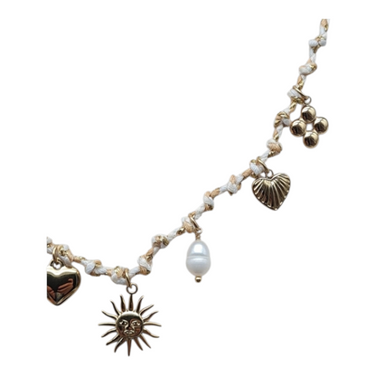 Halskette Kurzkette Textil, mit Süßwasserperle und Murano Glasblume Sweet7