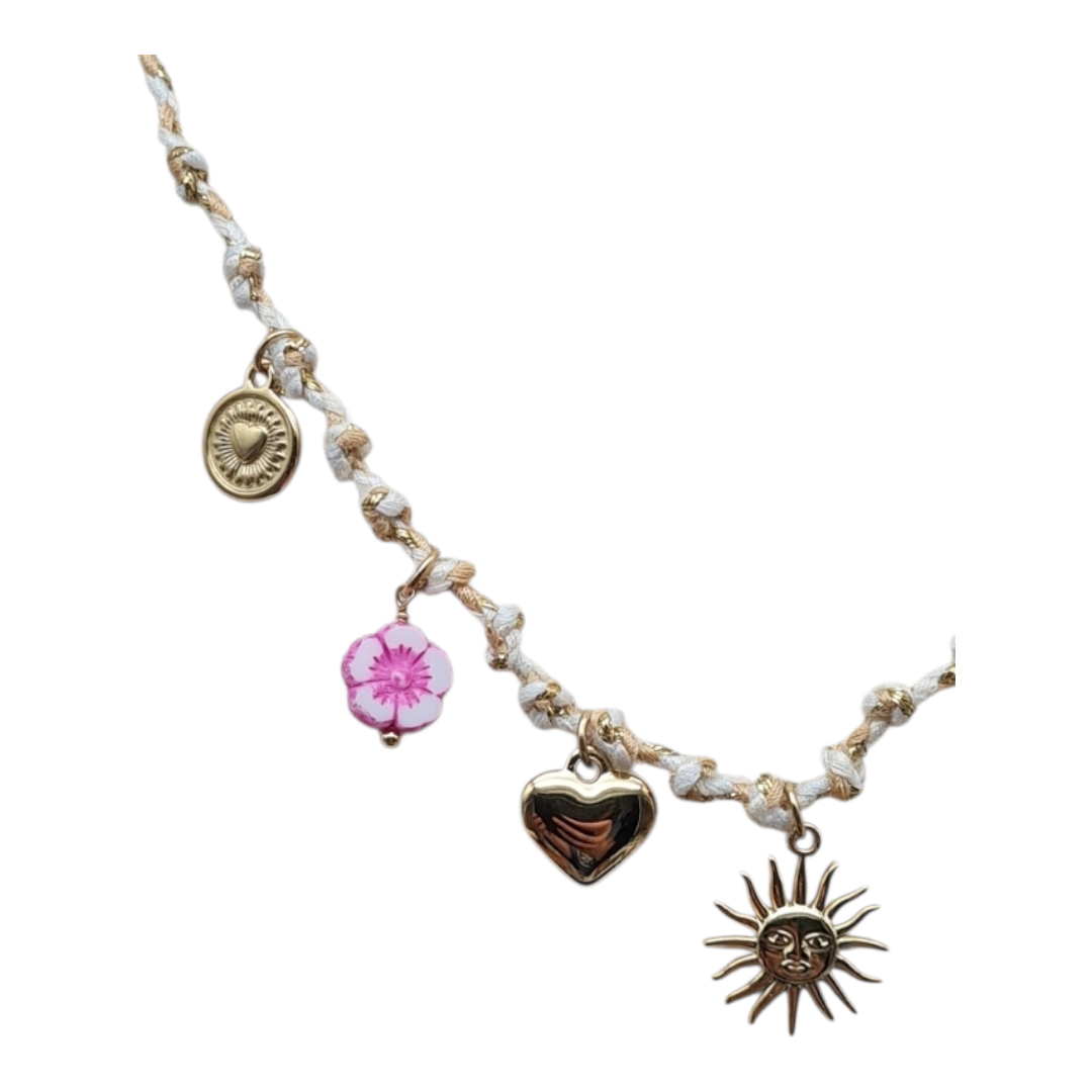 Halskette Kurzkette Textil, mit Süßwasserperle und Murano Glasblume Sweet7