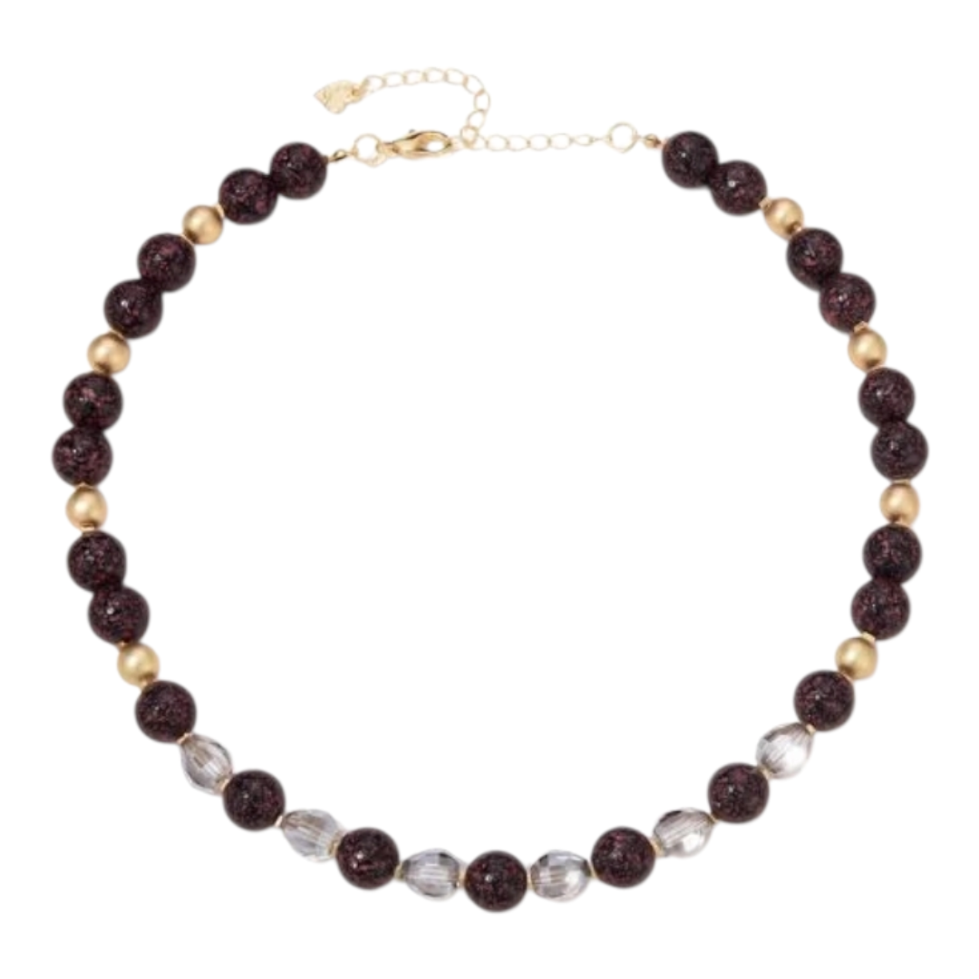 Halskette Kurzkette Schwarz-Lila  Matt Golden Kralen transparente Glasperlen Sweet7