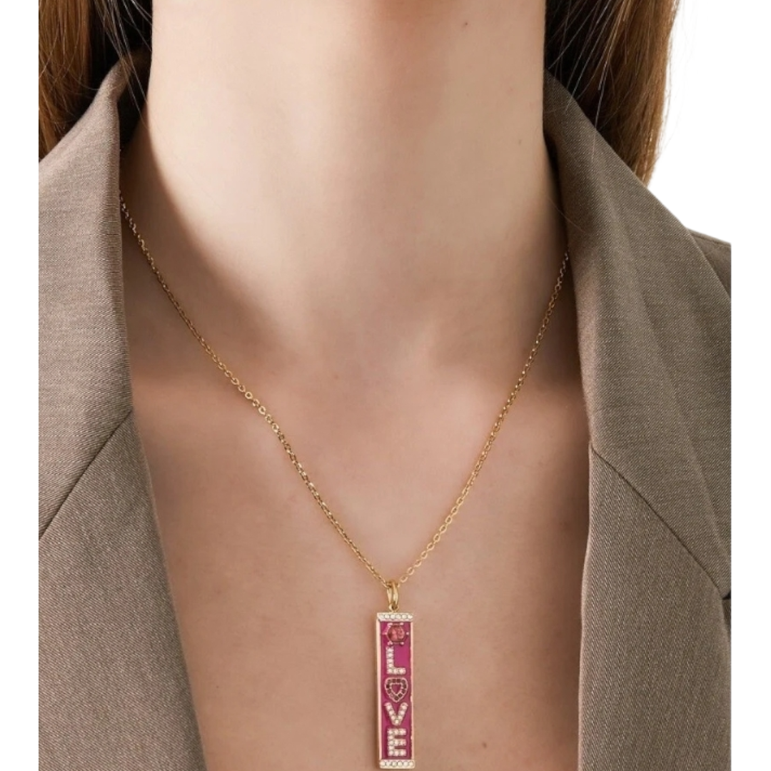 Halskette filigran Kette  Anhänger LOVE Goldfarben Pink Statement Nickelfrei Yehwang