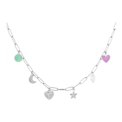 Halskette Halskette sechs Charms Silber Edelstahl Nickelfrei Mond Smiley Yehwang