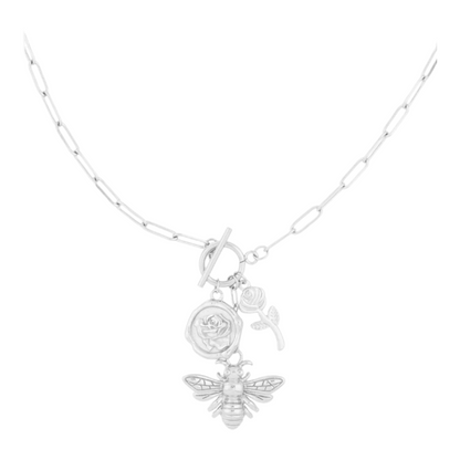 Halskette Bienenblüten-Halskette Bienen Rosen-Anhänger Silberfarben Yehwang