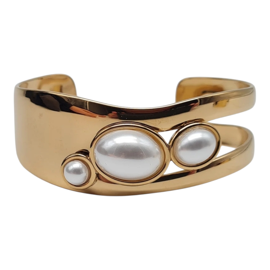 Armreif goldfarben Perlmutt Braun Nickelfrei Trend 2026 Kunstperle Yehwang