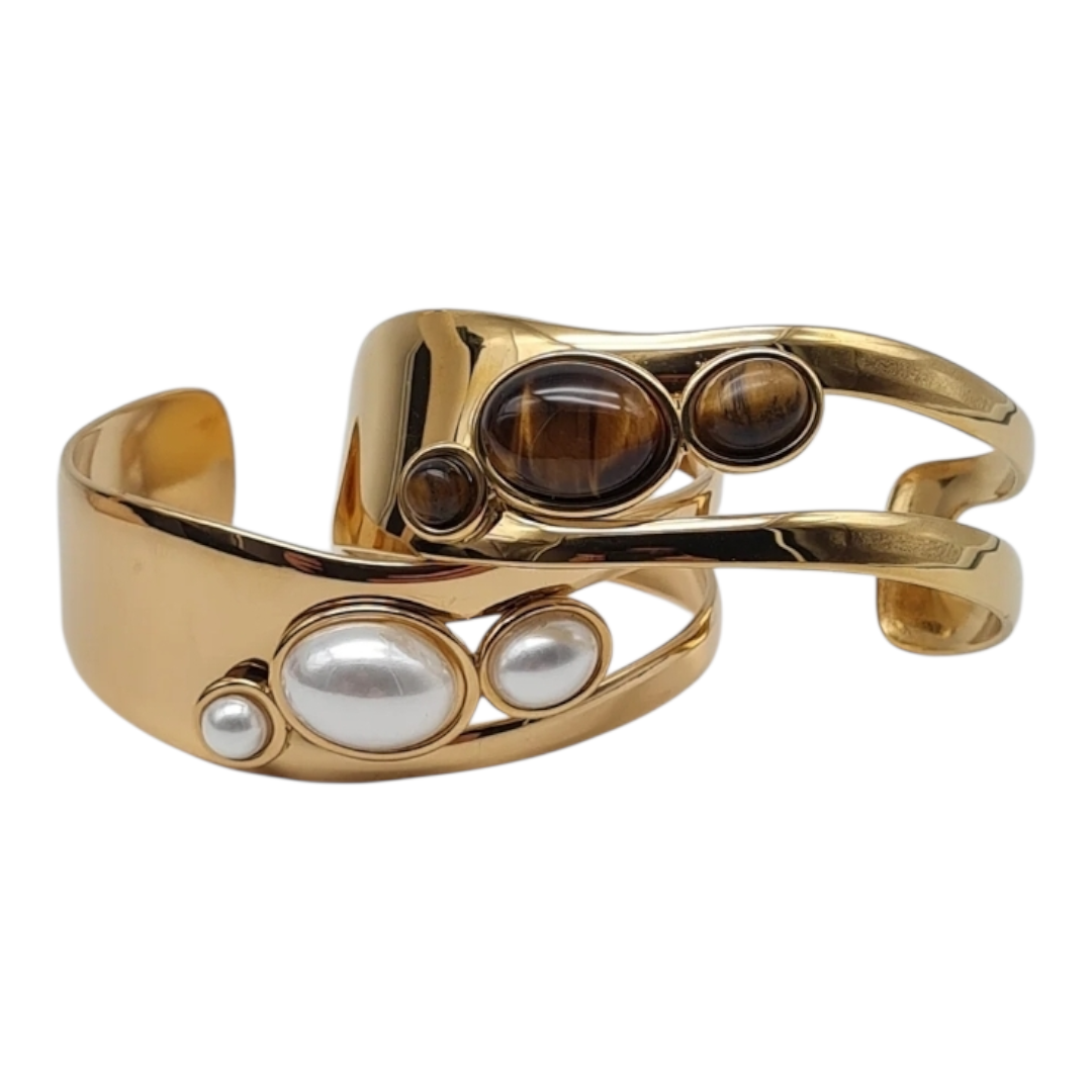 Armreif goldfarben Perlmutt Braun Nickelfrei Trend 2026 Kunstperle Yehwang