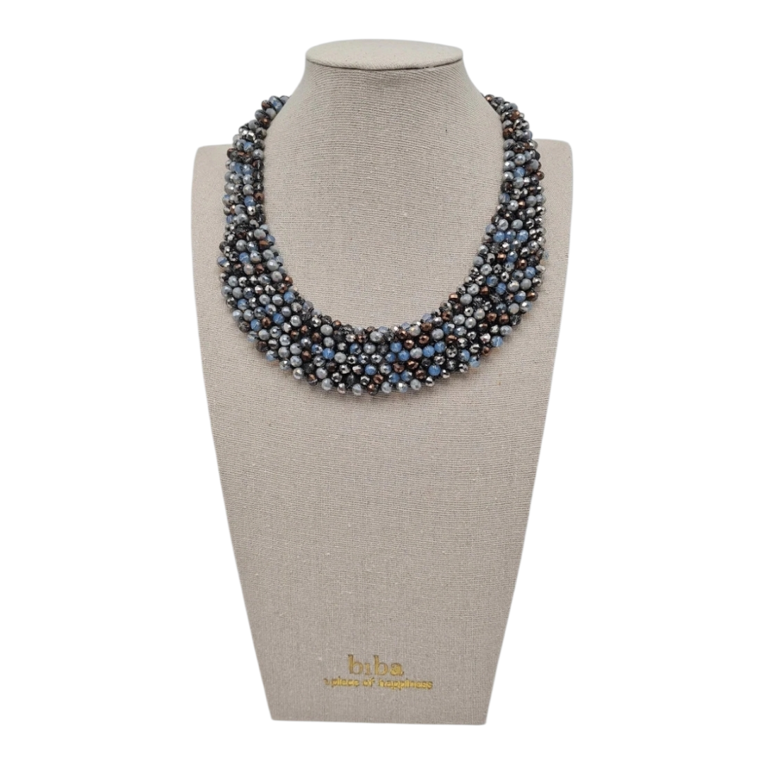 Halskette Kurzhalskette Kragen unzählige Blauen Perlen Statement Nickelfrei Party Biba